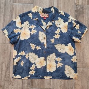 Caribbean Joe Women's Hawaiian Floral Short Sleeve Button Down Shirt Size L